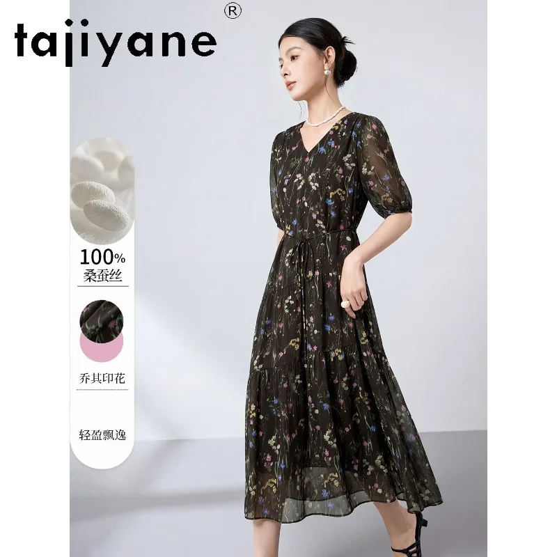 TAJIYANE 100% Mulberry Silk Dress Georgette Oil Painting Floral Dresses for Woman Midi Dress Puff Sleeve Summer Dresses 2026 원피스