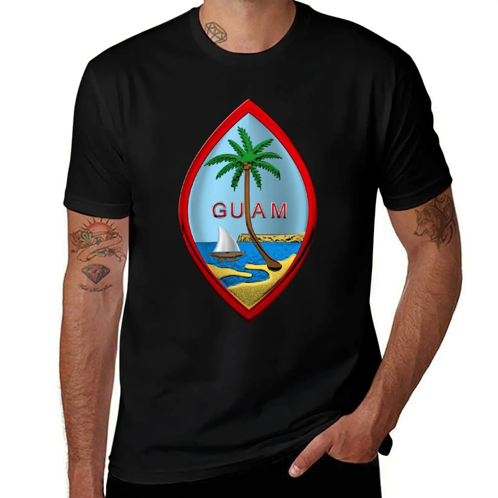 

Coat of Arms of Guam - Guam State Seal over White Leather T-Shirt graphic t shirts Luxury man mens cotton t shirts