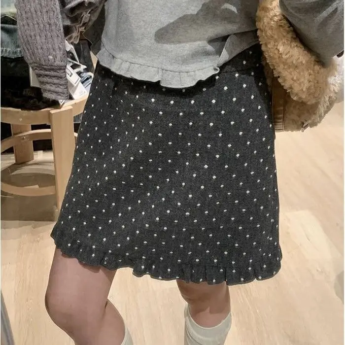 Wedbleser Black Fungus Lace Polka Dot Print Short Skirt Women Autumn Slim Fit High Waist Slim Versatile Hip Hugging A-line Skirt