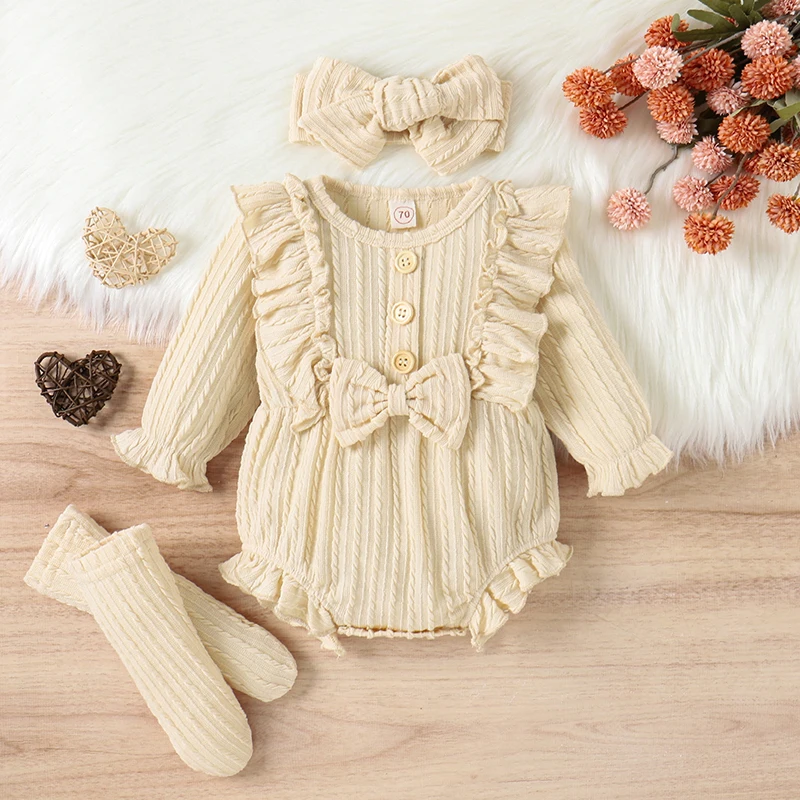 0-12M Newborn Baby Girls 3Pcs Clothes Sets Fall Long Sleeve Button Front Ruffle Romper + Socks + Headband Suit