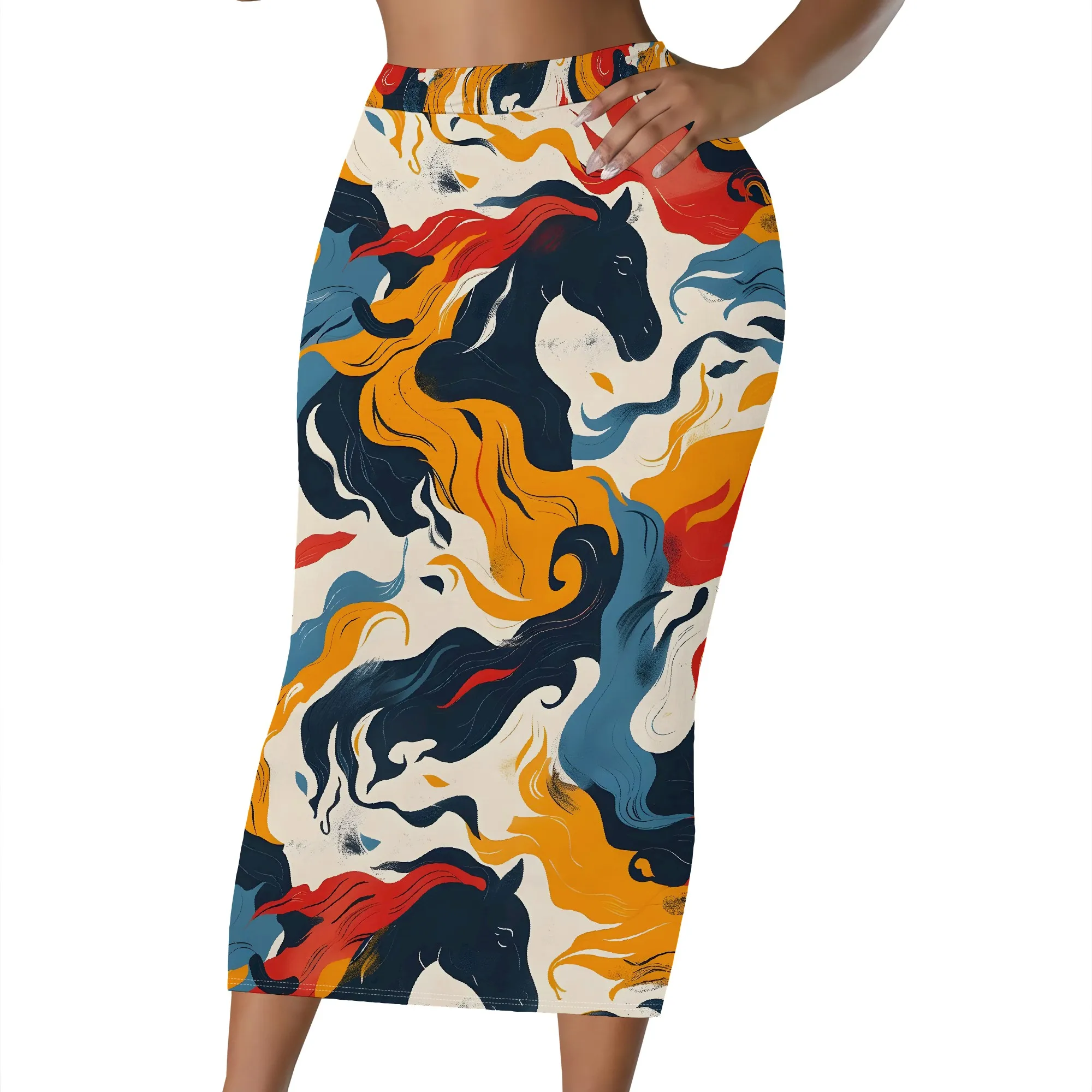 Künstlerischer Pferdedruck, Midi-Bleistiftrock, Abstraktes Tiermuster, Hochgeschnittener Bodycon-Rock, Modische Büro- und Partykleidung, S-2XL – Detail 1