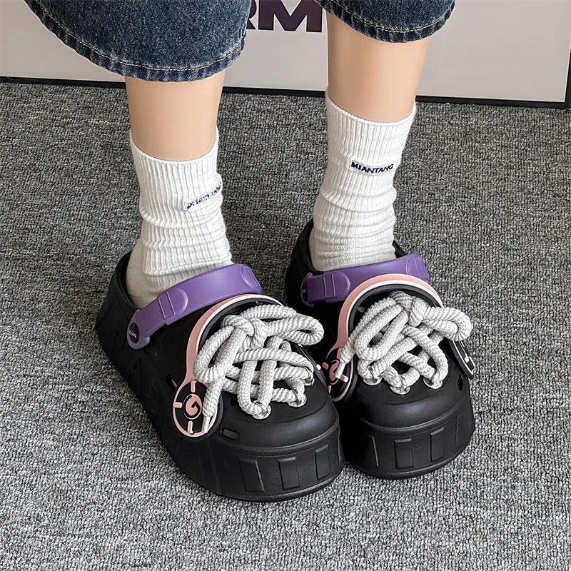 

Women Platform Slippers Indoor Street Garden Shoes Female Fashion Clogs DIY Lace-up Thick Sole Girls Beach Slides Leisure Sandal