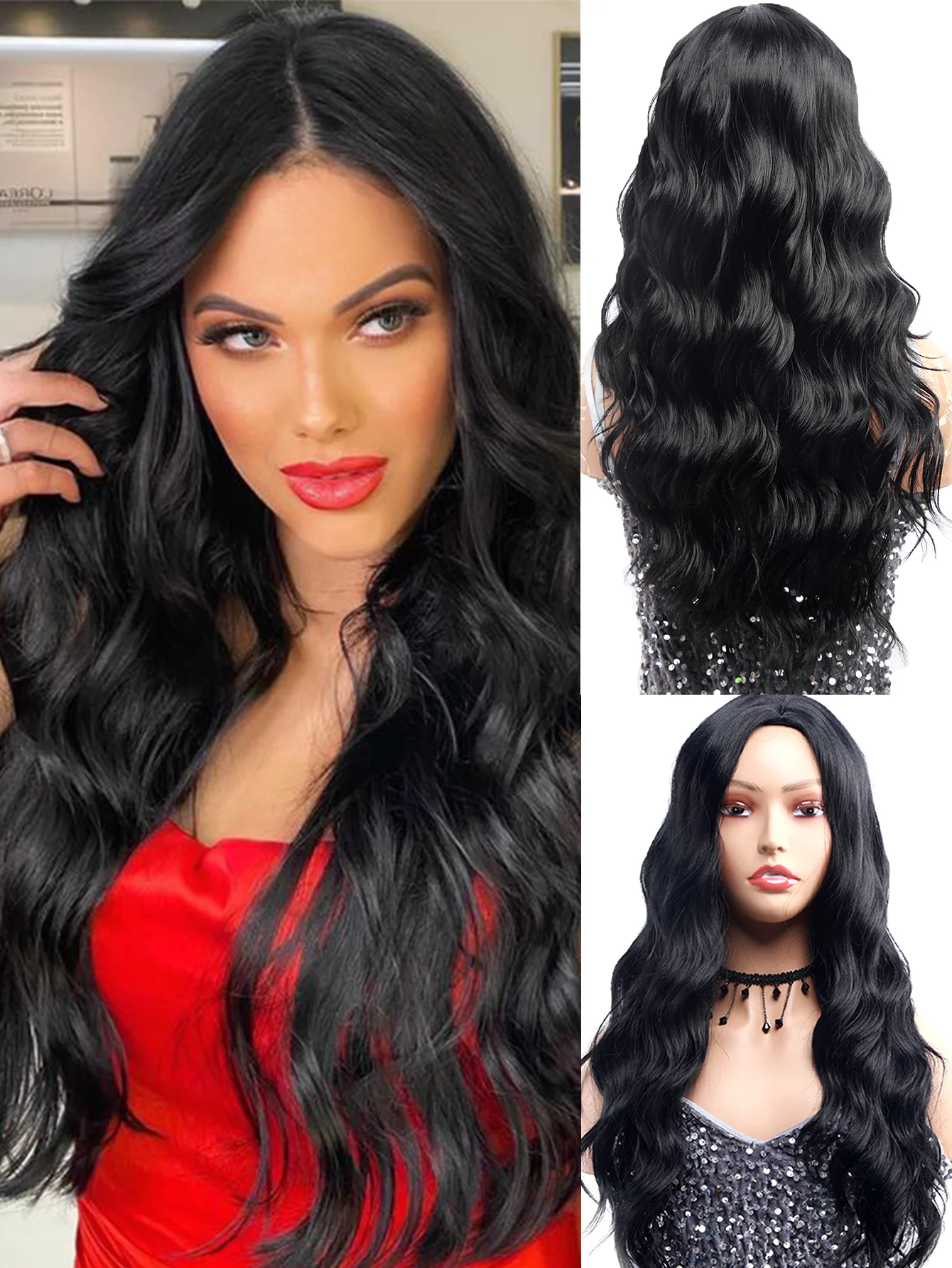 

Long Wavy Synthetic Wigs with Bangs for Women Afro Dark Water Wave Halloween Cosplay Natural Hair Wig Heat Resistant