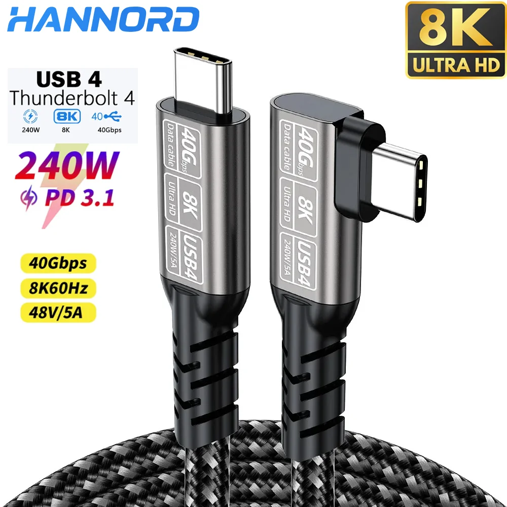 Hannord USB4  Thunderbolt4 USB C Cable 240W 8K/60Hz Cable 40Gbps Type-C 90 Degree elbow data transfer cord for MacBook Mac Pro