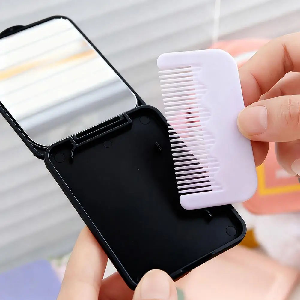 Desktop Makeup Mirror Solid Color Simple Portable Handheld Makeup Mirror With Comb Cute Pocket Mirror Foldable Student Compact