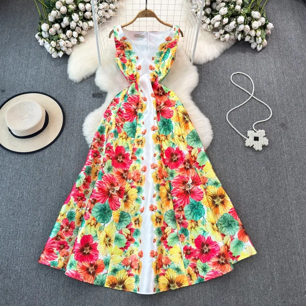 Imagem -02 - Vestido Longo para Mulheres sem Mangas Gola v Estampa de Flores Vestido de Festa na Praia Novas Férias de Verão 6256 2024