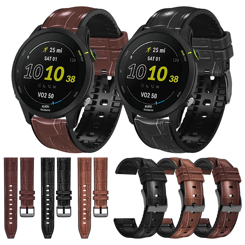 Bamboo Pattern Leather Silicone Strap For Garmin Forerunner 255 Music Replacement Watch Band For Vivoactive 4 / Venu 2 Bracelet