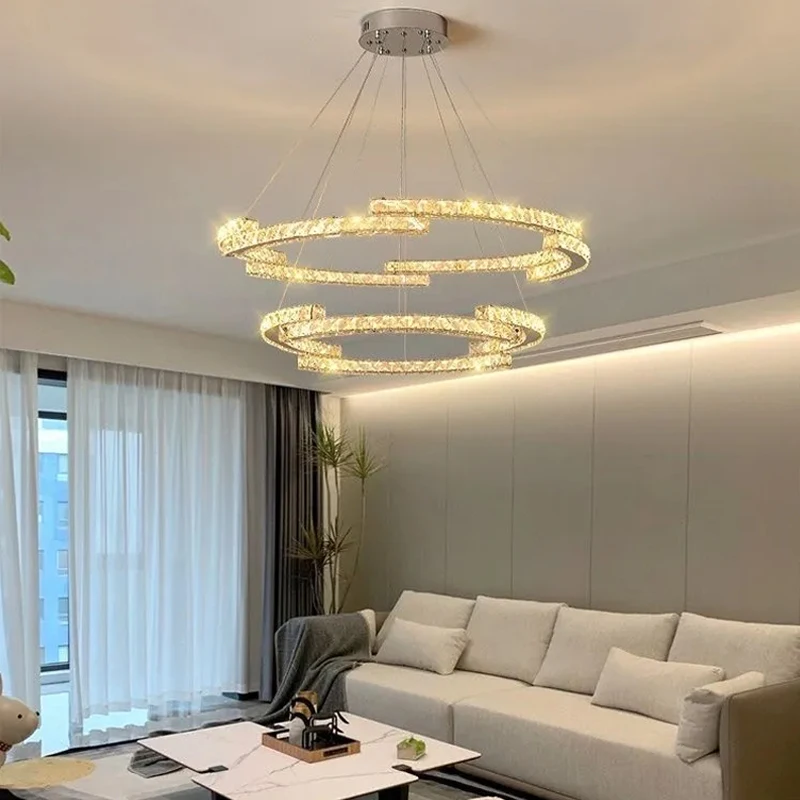 Modern Luxury Spiral Crystal LED Pendant Light Multi‑Layer Ring Crystal Chandelier for Living Room Home Decor
