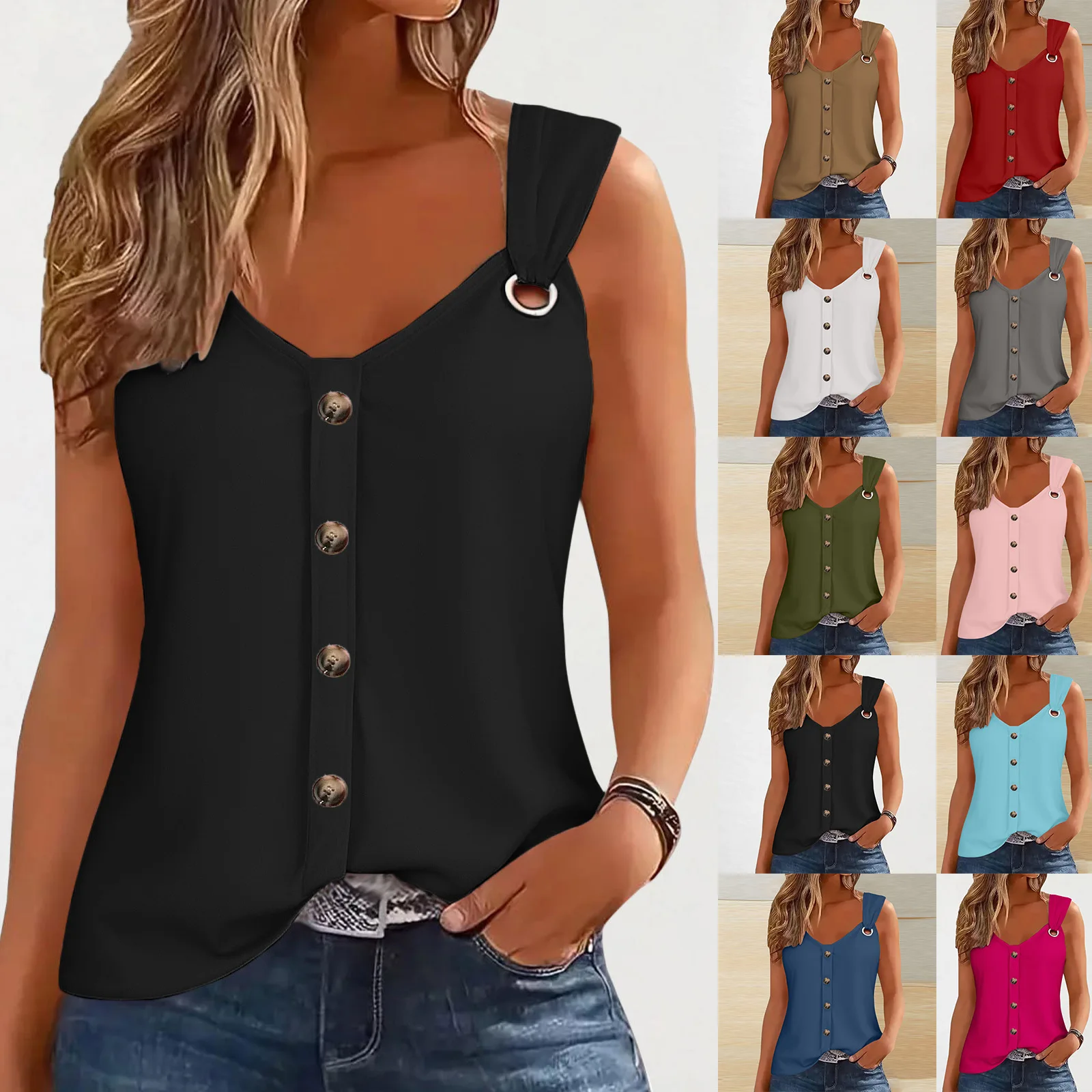 

Summer Shirt Women Fashion Solid Tank Tops Ladies Casual Sleeveless V-Neck Women's Blouses Sexy Sling Button New Womens Clothing