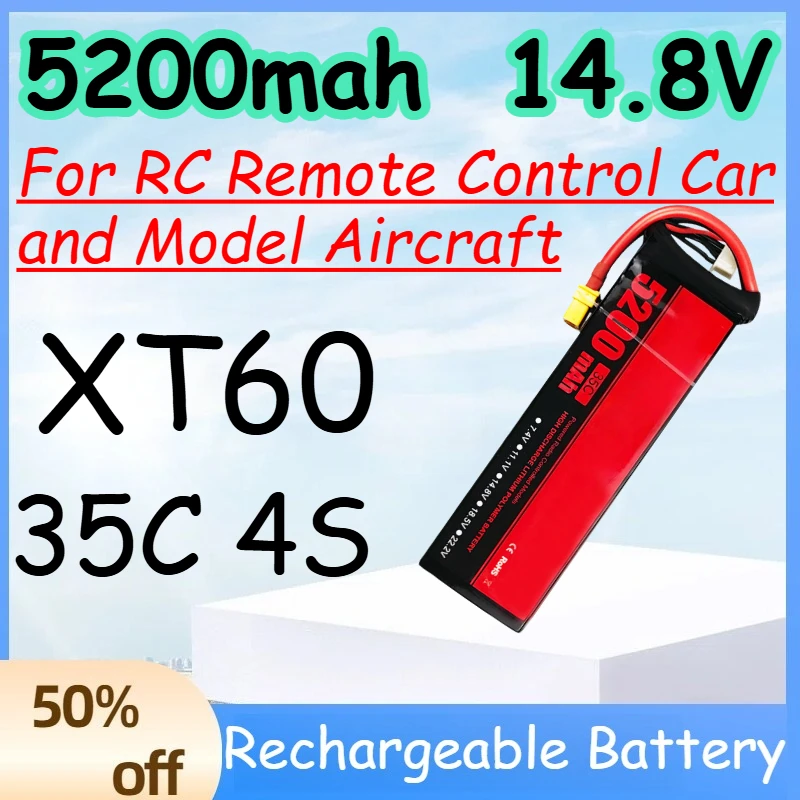 

5200mah 4S 14.8V 35C Replace Rechargeable Lipo Battery for RC Remote Control Car and Model Aircraft Battery with XT60 Plug