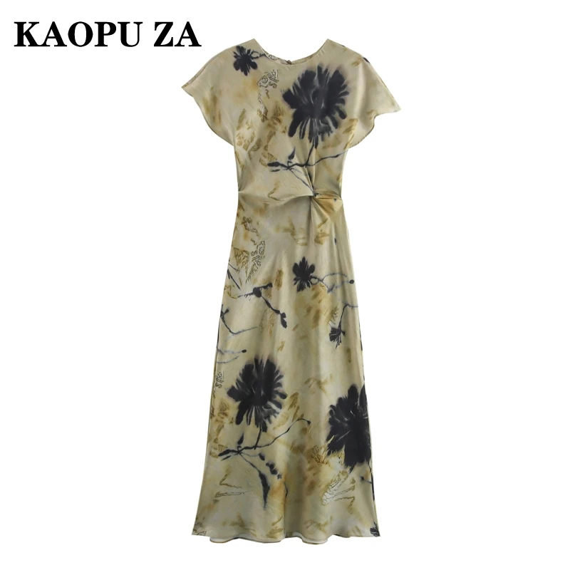 KAOPU ZA 2024 New Summer Woman\'s Casual O-Collar Short Sleeve Dress Maxi Skirt Female Vintage Print Ruffles Button Dresses Top