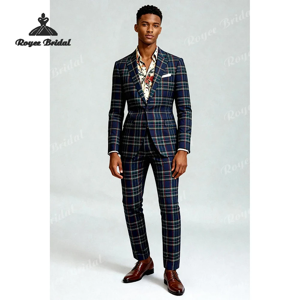 Plaid Two Piece Single Breasted Men's Suit Wedding 2026 Notched Lapel Formal Evening Prom Suit Customized trajes para hombre