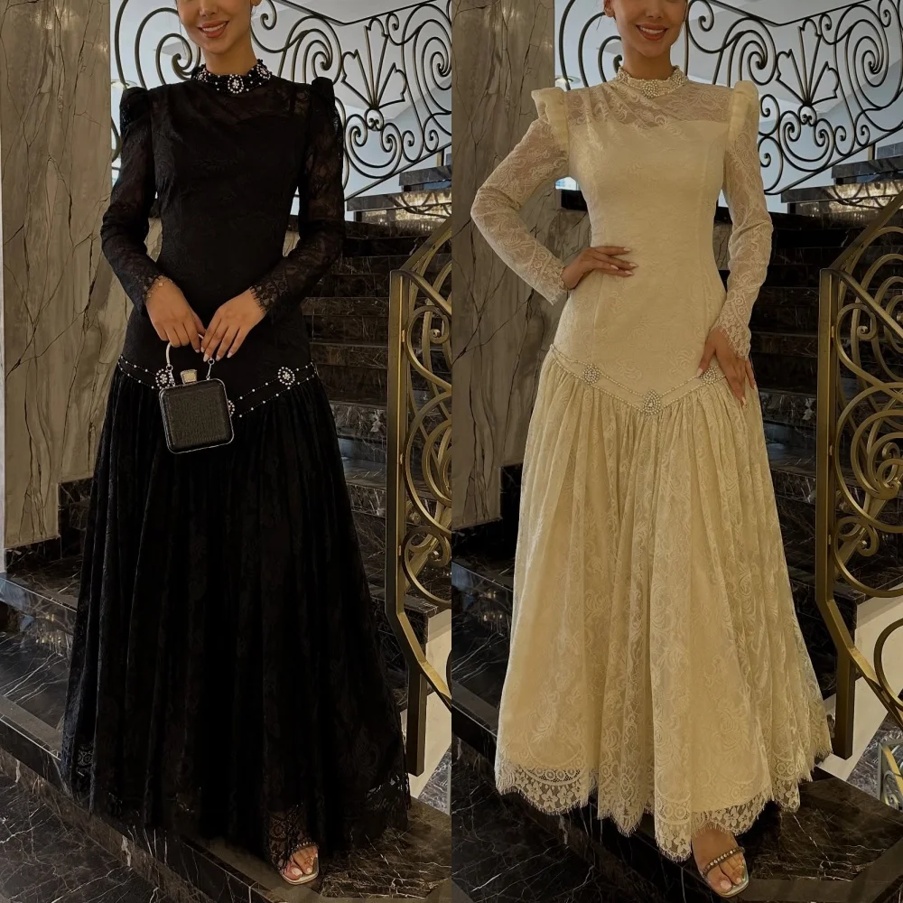 

Customized Glitter Lace High Collar A-line Midi Dresses Bespoke Occasion Woman Elegant Party Wedding Guest Evening Gown Charming