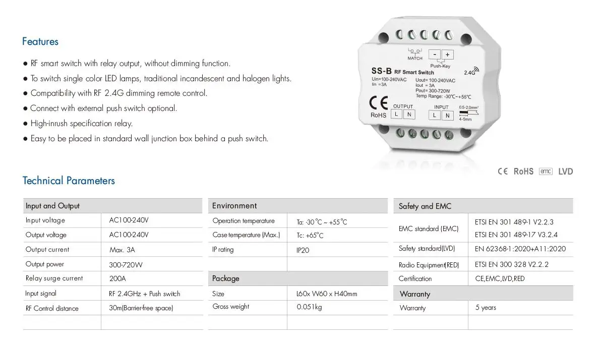 Obrázek 3: SS-B 1.5A rf+push spínač SS-B(WZ) 1CH*1.5A zigbee/rf strčit spínač SS-B(WT) wifi/rf strčit spínač