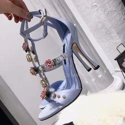 Light Blue Flowers 3D Design Heels Woman Elegant Open Sandals Crystal Sandals Round Solid Color Strap Fashion Summer Women Shoes