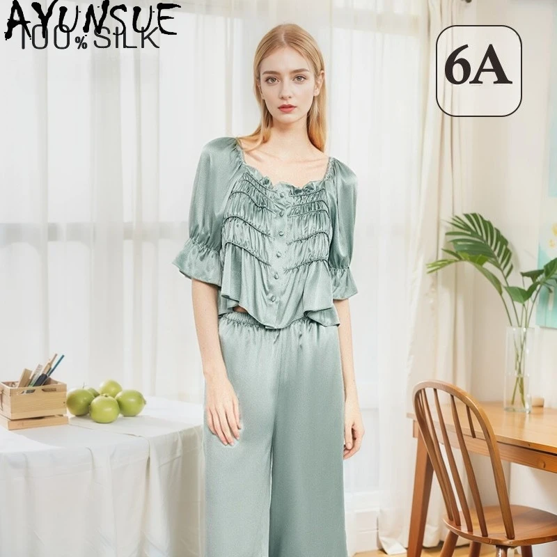 

AYUNSUE 100% Mulberry Silk Pijamas Women 19MM Silk 2026 Spring Summer New Arrive French-style Pajamas Sleepwear Set Bathrobes 잠옷