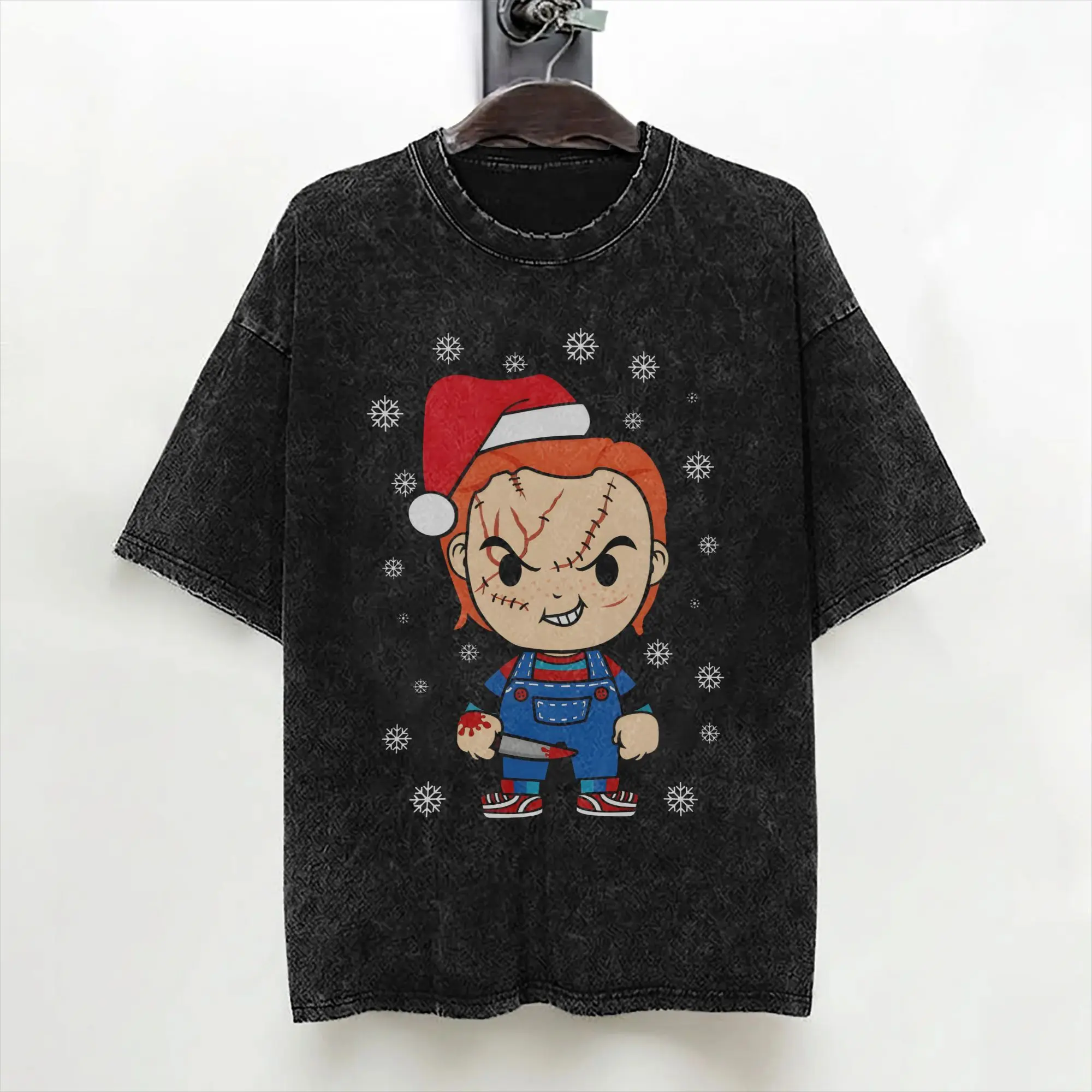 Cartoon Chuckys Merry Christmas T Shirt Washed Cotton T-Shirt Halloween Vintage for Men Women Streetwear Printed Tee Shirt