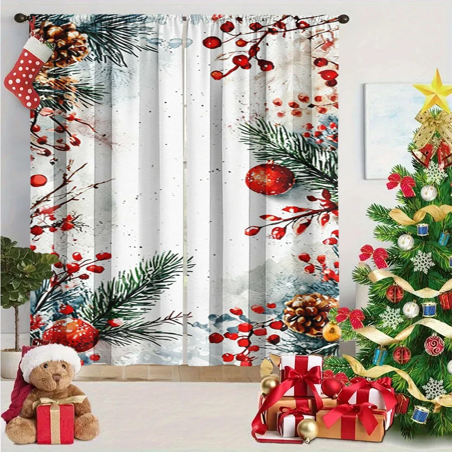 2PCS Digital Print Curtain, Watercolor Pine Branches with Red Berries and Pinecones, Ornaments on White, for Window Home Decor