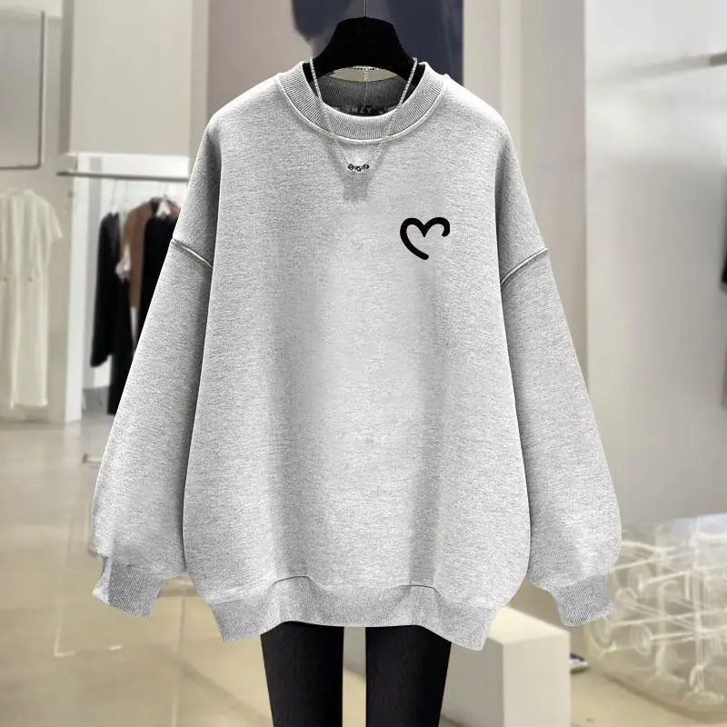 Women\'s Solid Color Pullover Round Neck Printing Love Long Sleeve Hoodies Autumn and Winter 2023 New Loose Fashion Casual Tops