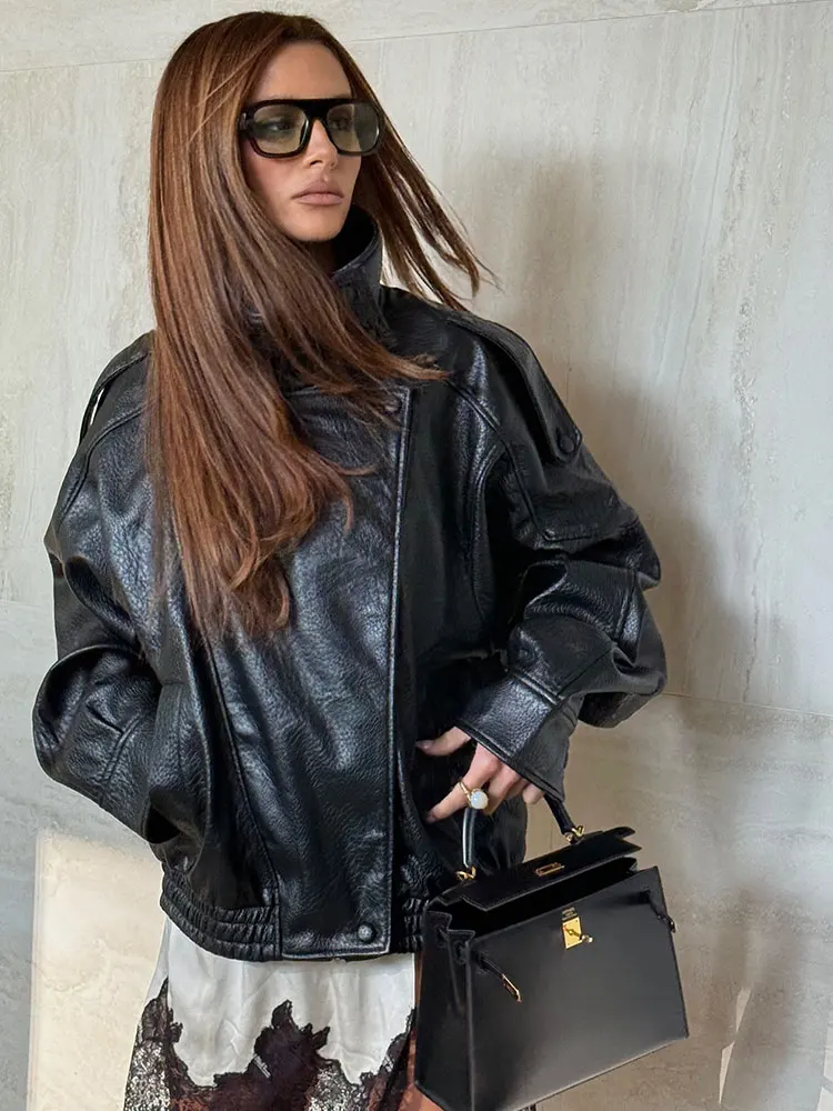 HH الخريف سترة جلدية فو للنساء عادية الصلبة سحاب أكمام طويلة بولي Leather معاطف جلدية موضة جديدة ملابس الشارع النسائية