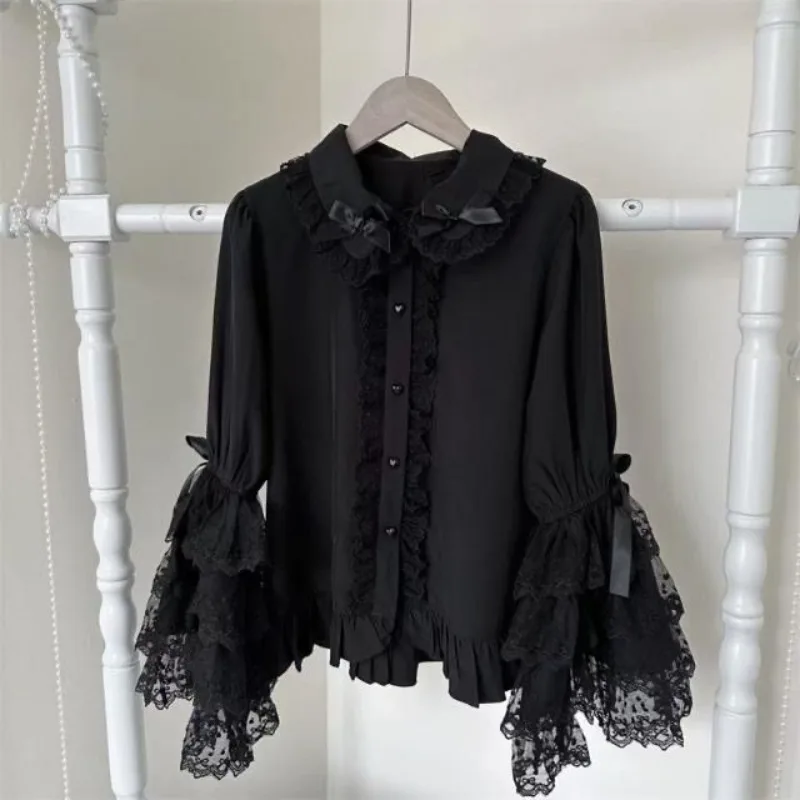 

Lolita Bottoming Black Shirt Women Sweet Cute Lace Patchwork Flare Sleeve Blouses 2025 Early Autumn New All-match Tops Mujer