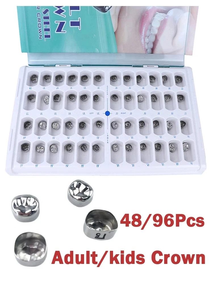 48/96 Pcs Dental Primary Molar Crown teeth Kids crown Baby Crown Preformed Stainless Steel Temporary Crowns  Dentistry Pediatric