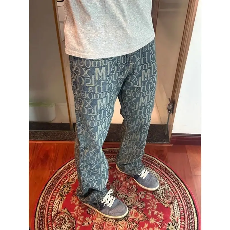 

American Classic Jeans Fashion Letter print Denim Pants High Quality Loose Harajuku Straight-Leg Trousers Men Clothing