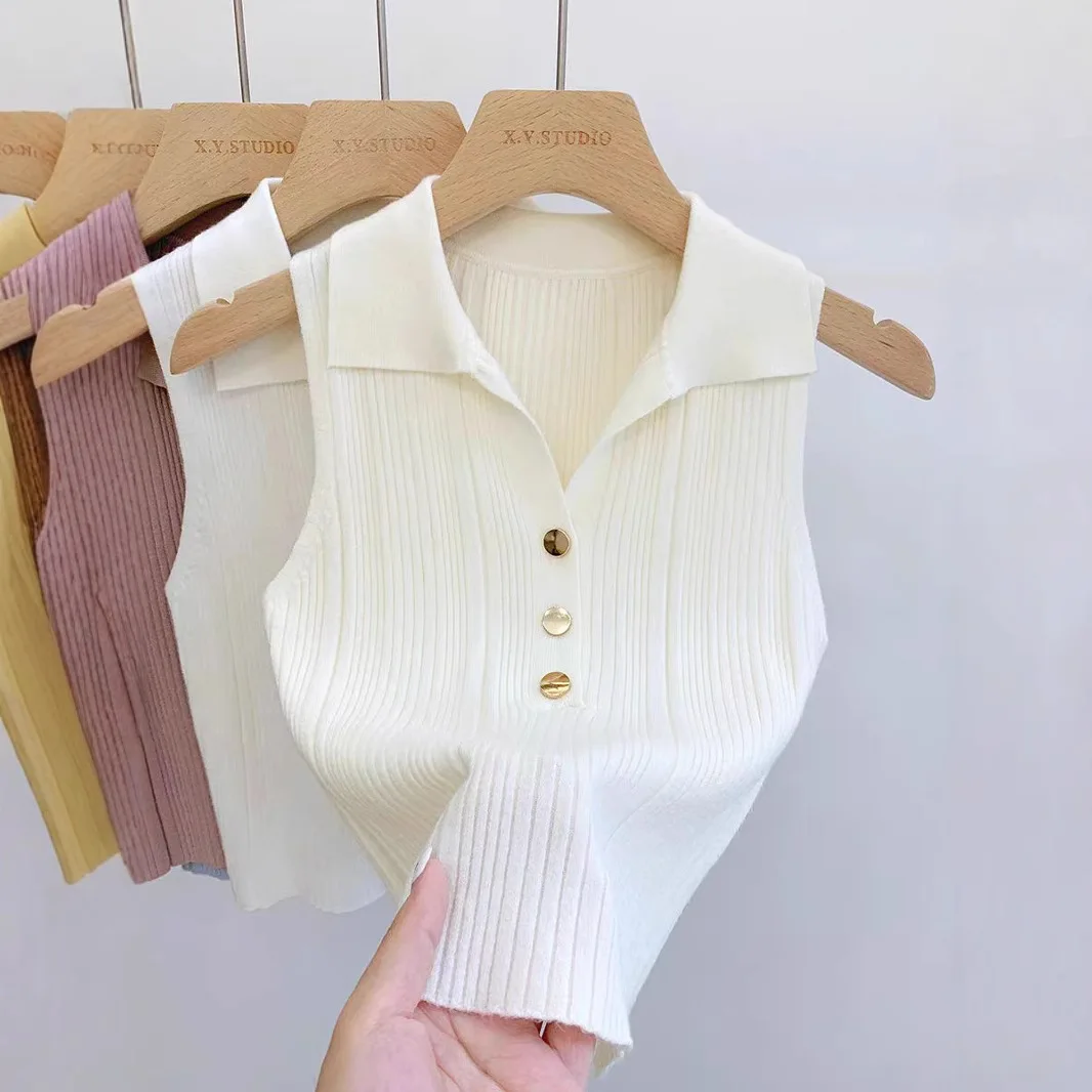 

2025 Fashion Solid Color Vest Ingle-breasted Sexy Button Lapel Vest Women Casual Temperament Polo Collar Sleeveless Undershirt