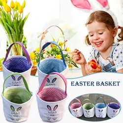 Easter Bunny Basket Bag for Kids, Canvas Cotton Personalized Egg Basket Hunt Bag Rabbit Print Bucket for Easter Eggs Candy Gift