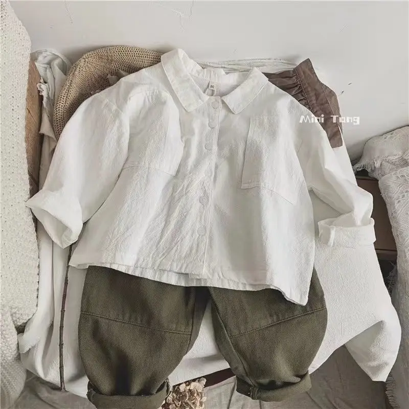 Camisa de lino y algodón de estilo japonés para niños, camisa Retro de manga larga con cuello tipo Polo, abrigo exterior para bebés, primavera y