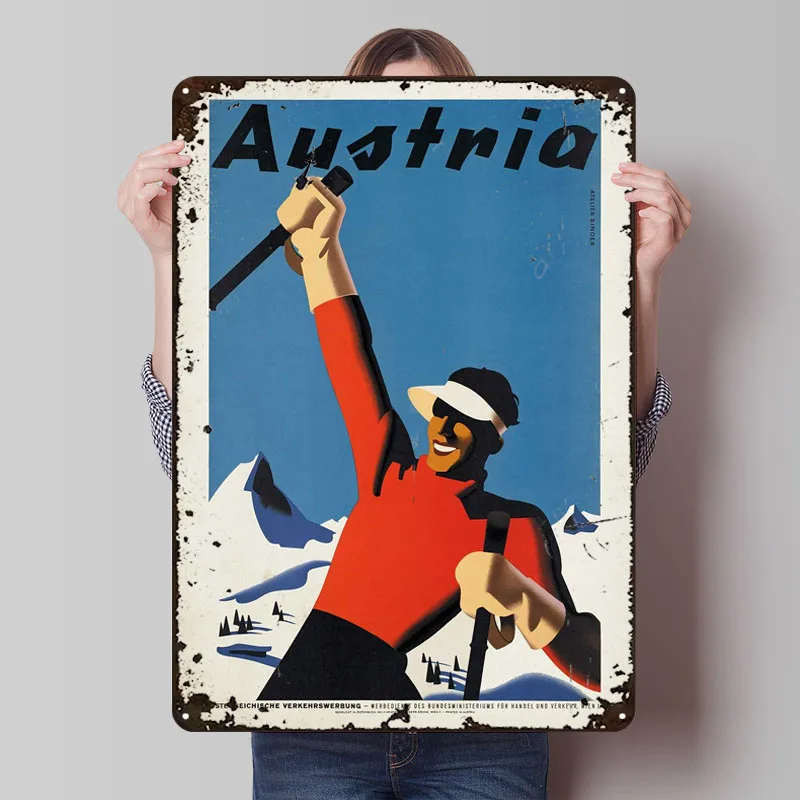 ملصق سفر عتيق علامات معدنية ملصق تزلج ديكور في ديكورات المنزل علامة صفيح مخصصة لغرفة تزيين جدار الفن