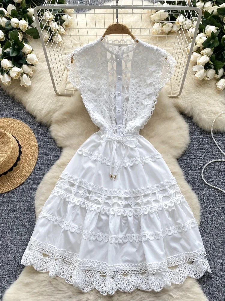 Women Vintage Midi Dress Summer Sleeveless Slim A-line Elgant Evening Party Dresses Ladies Hollow Out Solid A-line Robe Vestidos