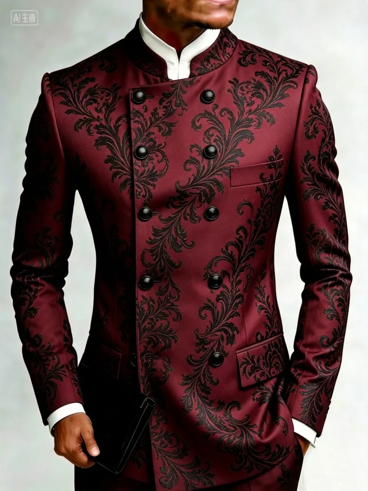 Mens Burgundy Baroque Floral Mandarin Collar Double Breasted Slim Fit Blazer For Formal Daily Occasion