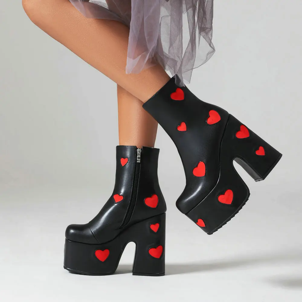 Womens Embroidered Cut Out Cute Heart Thick Sole Boots Platform Chunky Heel Goth Ankle Booties Side Zipper Go Go Party Shoes