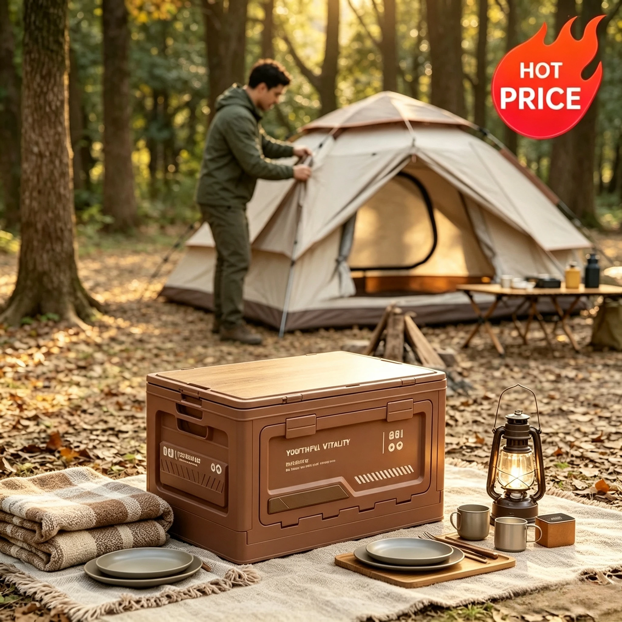 Multifunctional Folding Storage Box with Wooden Cover, Outdoor Camping Organizer, Sturdy Storage Bin for Car Trunk and Household