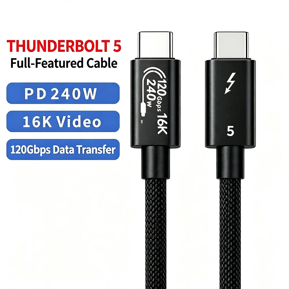 HANNUO Thunderbolt 5 Cable 120Gbps PD 240W Data Cable Braided Fast Charging Single 4K@540Hz Dual 8K@120Hz Type C Transfer Cable
