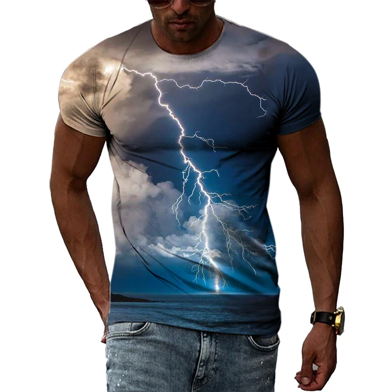 Summer Natural Landscape Thunderstorm Lightning Pattern T-Shirt Men's Printed Casual Short Sleeve Muscle Tough Guy O Neck Top