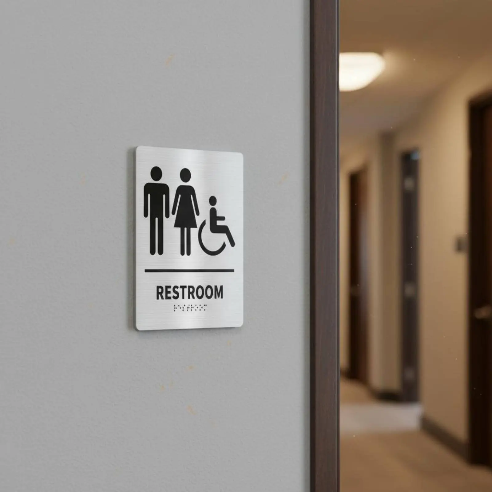 

Stainless Steel Restroom Sign Brushed Finish Braille Restroom Sign All-Gender Washroom Plaque High Contrast Design Modern