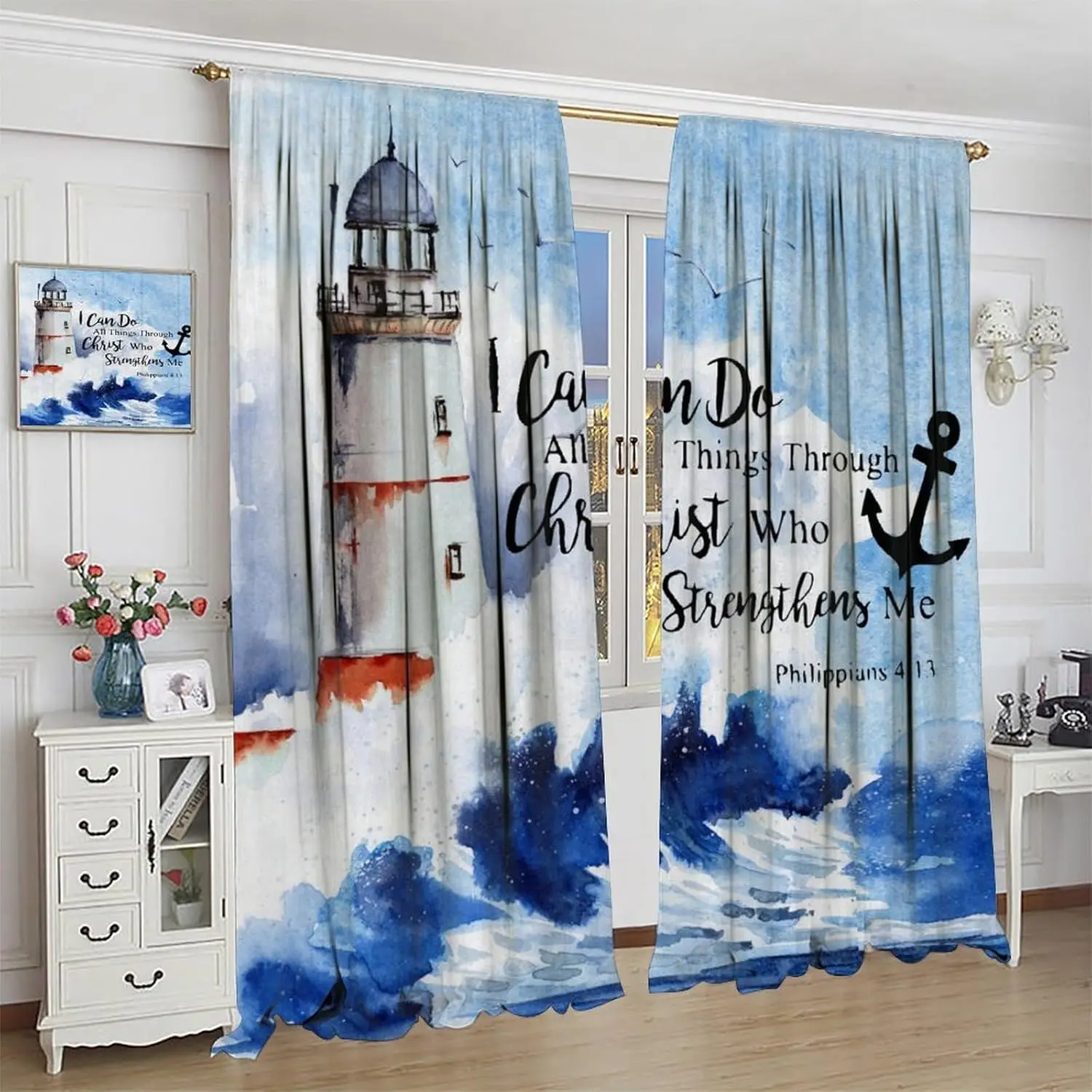 Watercolor Lighthouse Curtain,Summer Coastal Nautical Beach Seascape Bible Verse Inspirational Quotes Decor Window Treatments,