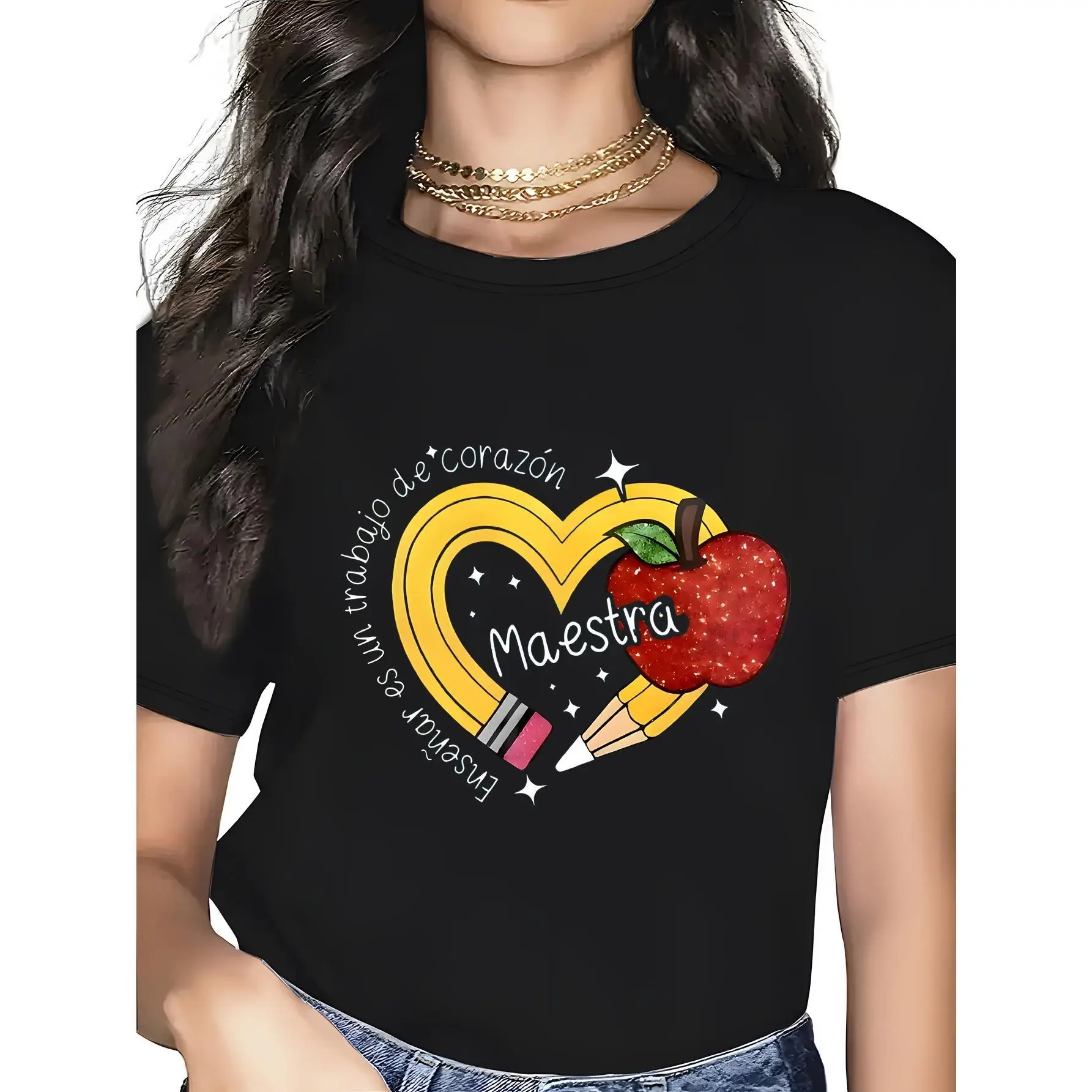 

Maestra T-shirt for Women Cute Pencil Heart Apple Graphic Tee Spanish Teacher Appreciation Gift for Back to School