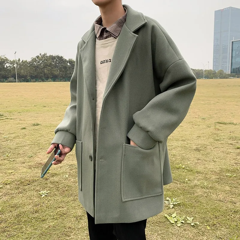 Korean Style Fashion Medium To Long Woolen Coat for Men Autumn Winter Solid Loose Casual Couple Windbreaker Y2k Streetwear