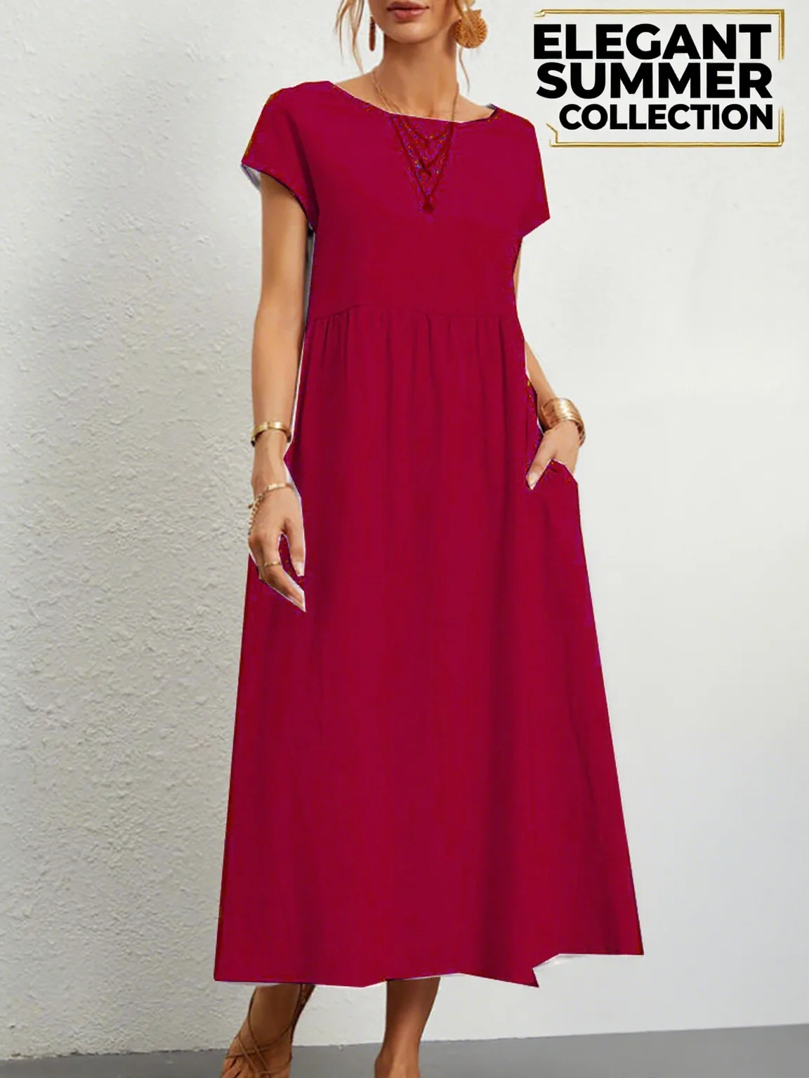 Frauen Elegante Solide Maxi Kleid Sommer Kurzarm O Neck Vintage Harajuku Baumwolle Leinen Lose Sommerkleid Y2K Taschen Langes Kleid