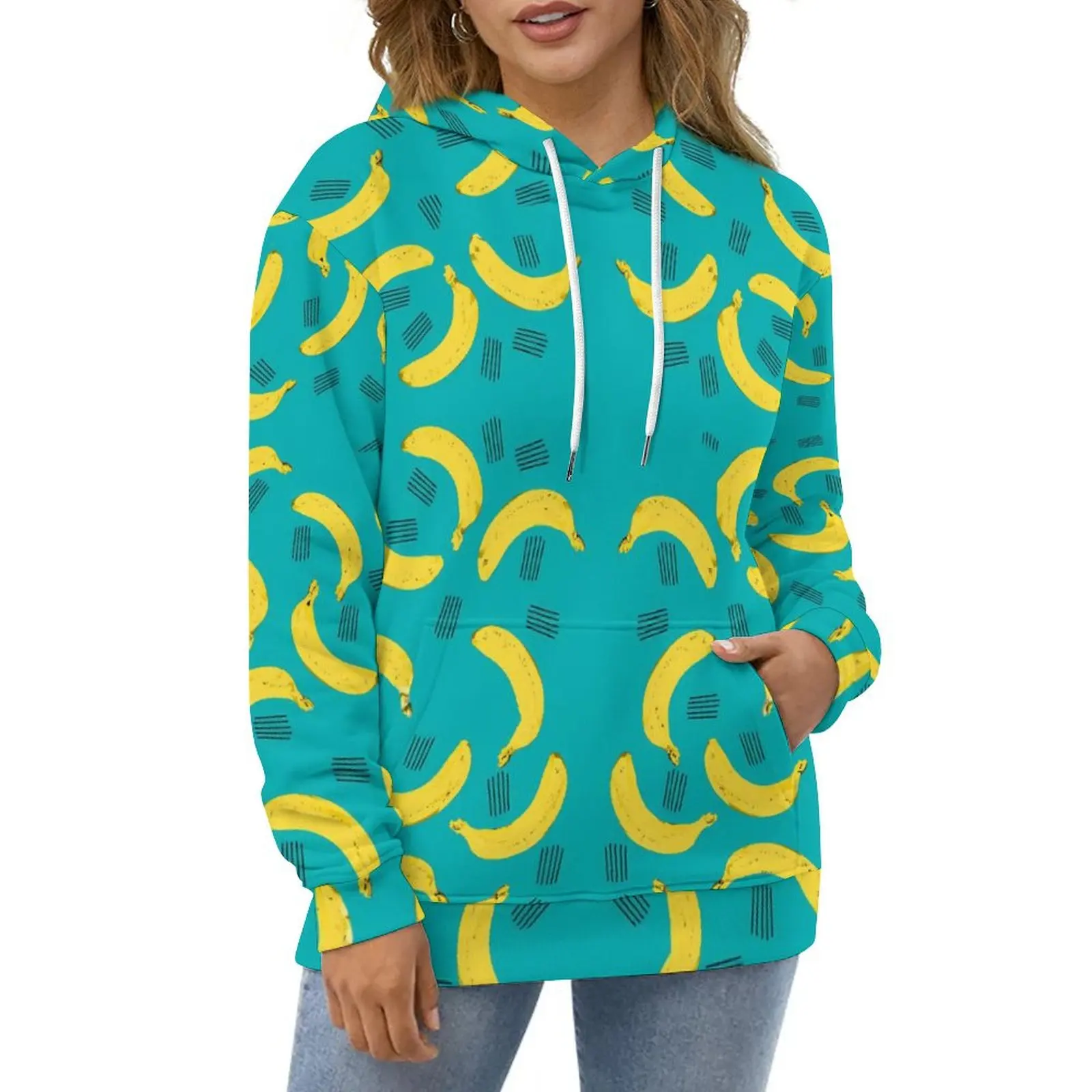 Yellow Banana Casual Hoodies Fruit Print Y2k Pullover Hoodie Womens Long Sleeve Harajuku Pattern Loose Oversize Clothing