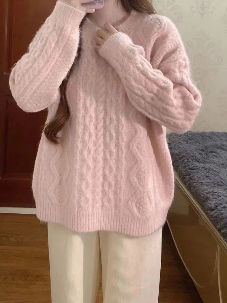 เสื้อสเวตเตอร์ถักไหมพรมสีชมพูอ่อนสำหรับผู้หญิง เสื้อคลุมฤดูใบไม้ร่วงฤดูหนาว สไตล์เกาหลีใหม่ ดีไซน์เก๋ไก๋ สวมใส่สบาย คุณภาพสูง