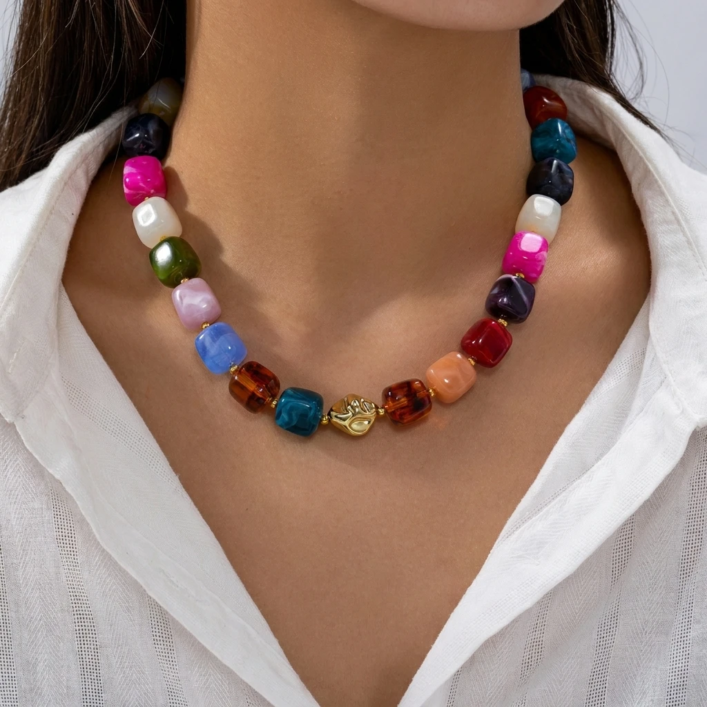 Böhmische Harz-Quadratperlen-Halsketten für Damen und Herren, Vintage Glatte Unregelmäßige Geometrie-Choker, Party-Schmuck-Geschenk – Detail 4