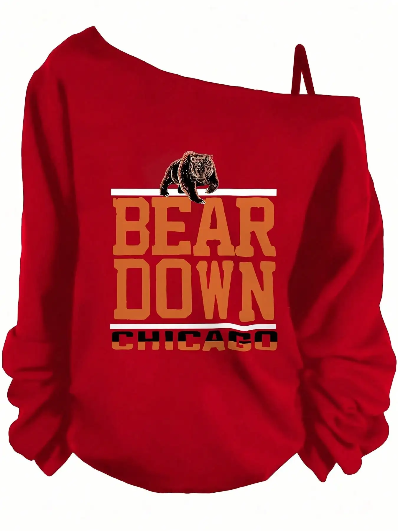 

Red Off-Shoulder Sweatshirt with Bear Graphic & Bold Text - Loose Fit, Gathered Sleeves