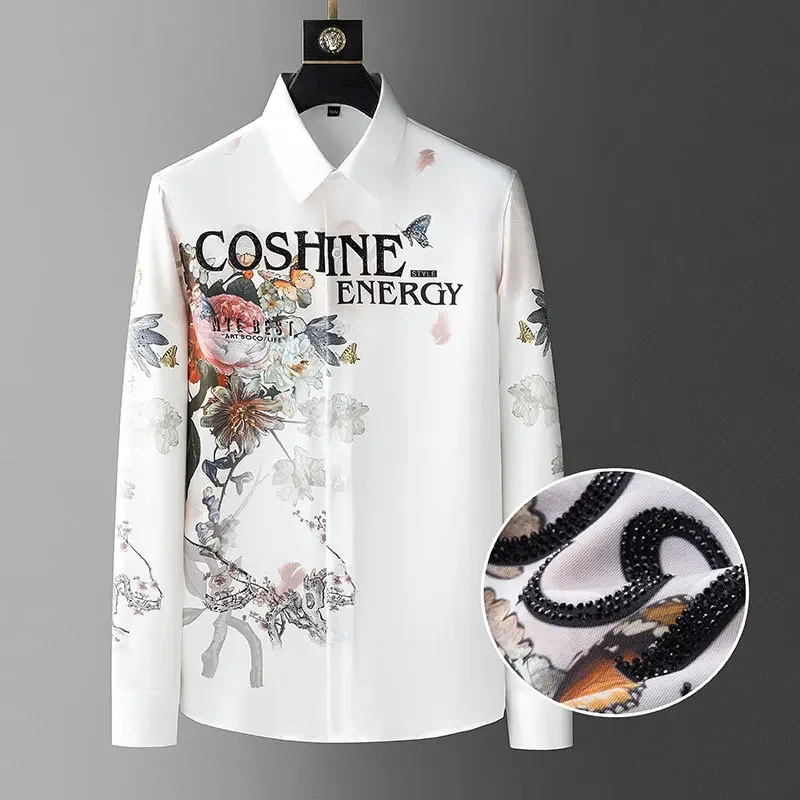 Colorful Floral Animal Motif Rhinestones Shirt Camiseta Masculina Spring Shirt For Men Social Club Outfits Hot Diamond Shirt Men