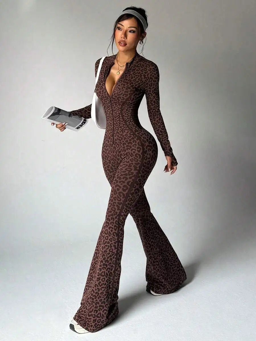 

Women Seamless Leopard Print Front Zipper Mock Neck Long Sleeve Flared Jumpsuit High Waist Fitness Gym Bodysuit Brown