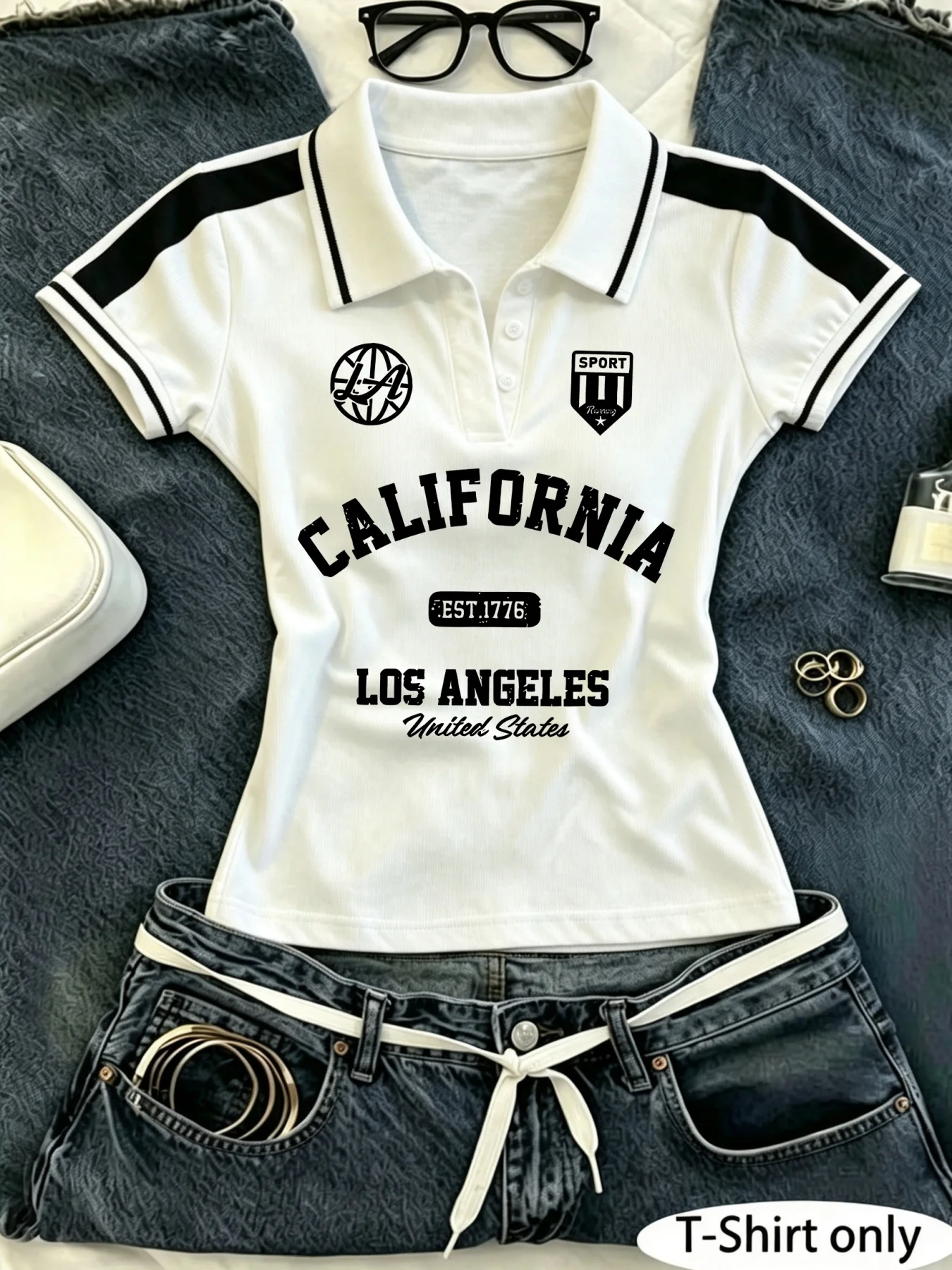 Women Contrast Stripe Polo, California LA Letter Print Slim Short Sleeve Top, Golf Casual Wear, Nice Summer Gift for TrendyGirls