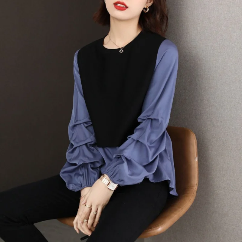 Casual Temperament Women\'s Top 2023 Autumn and Winter Fashionable New Folds Round Neck Long Sleeved Solid Color Pullover Shirt